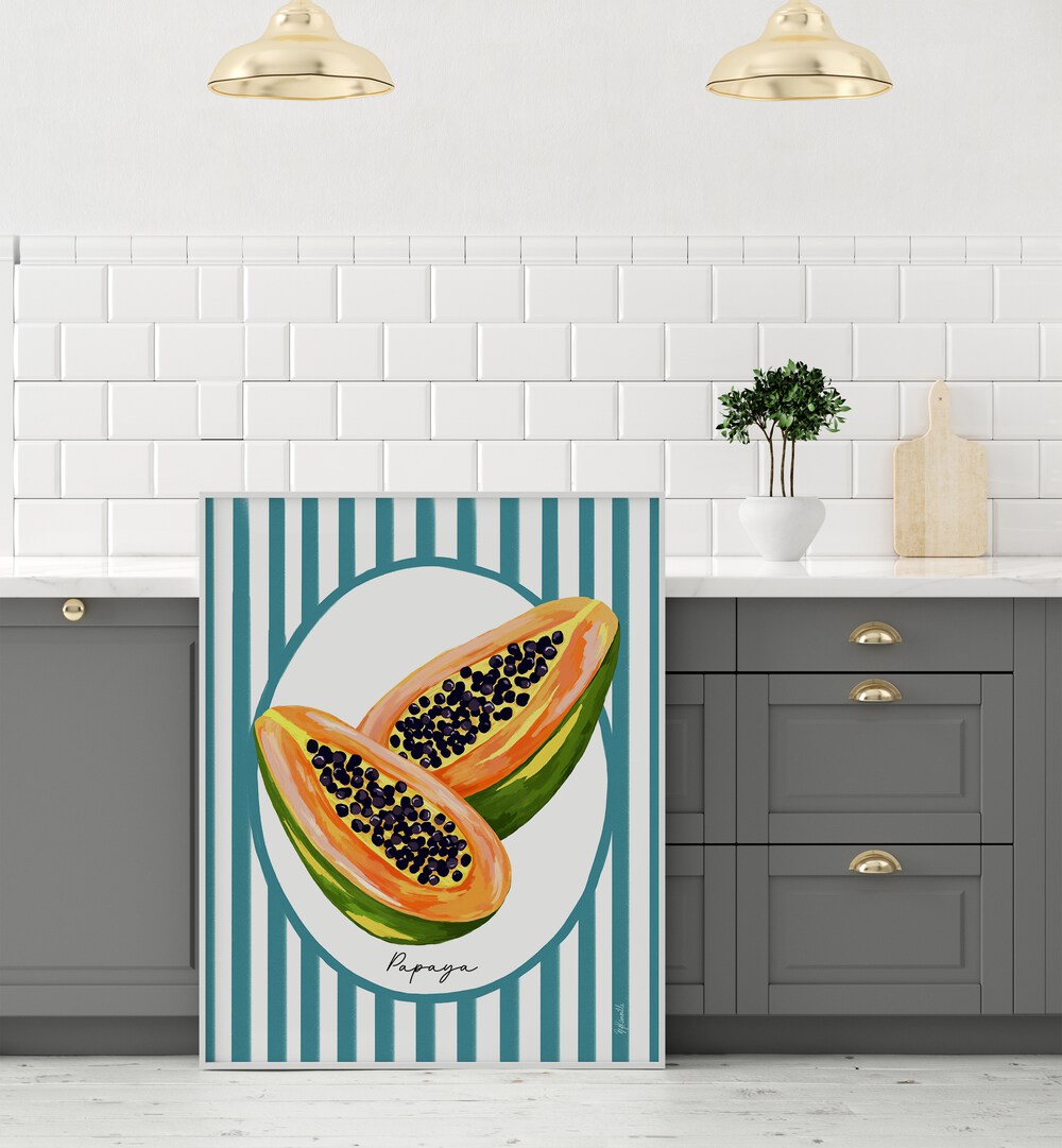 PAPAYA ON STRIPES , KITCHEN POSTERS