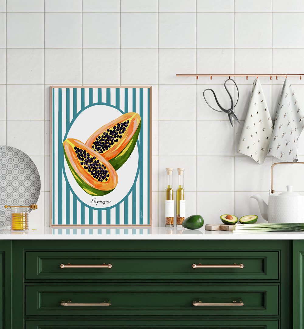 PAPAYA ON STRIPES , KITCHEN POSTERS
