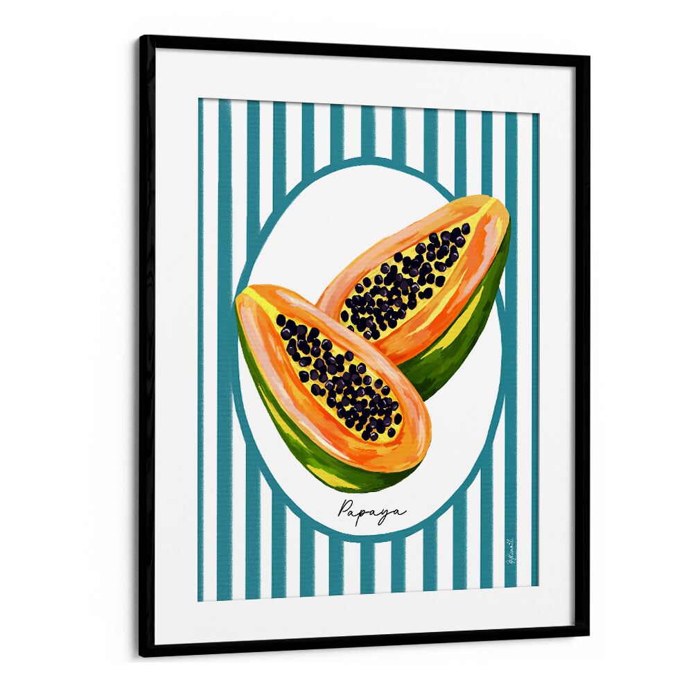 Vibrant PAPAYA ON STRIPES, KITCHEN POSTERS showcasing tropical art in a sleek black frame, perfect for kitchen decor.