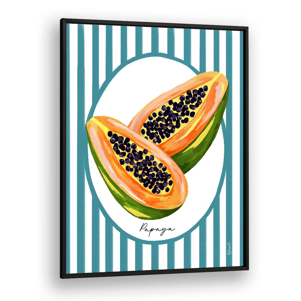 Vibrant PAPAYA ON STRIPES, KITCHEN POSTERS add modern tropical flair to your kitchen decor with bold designs.