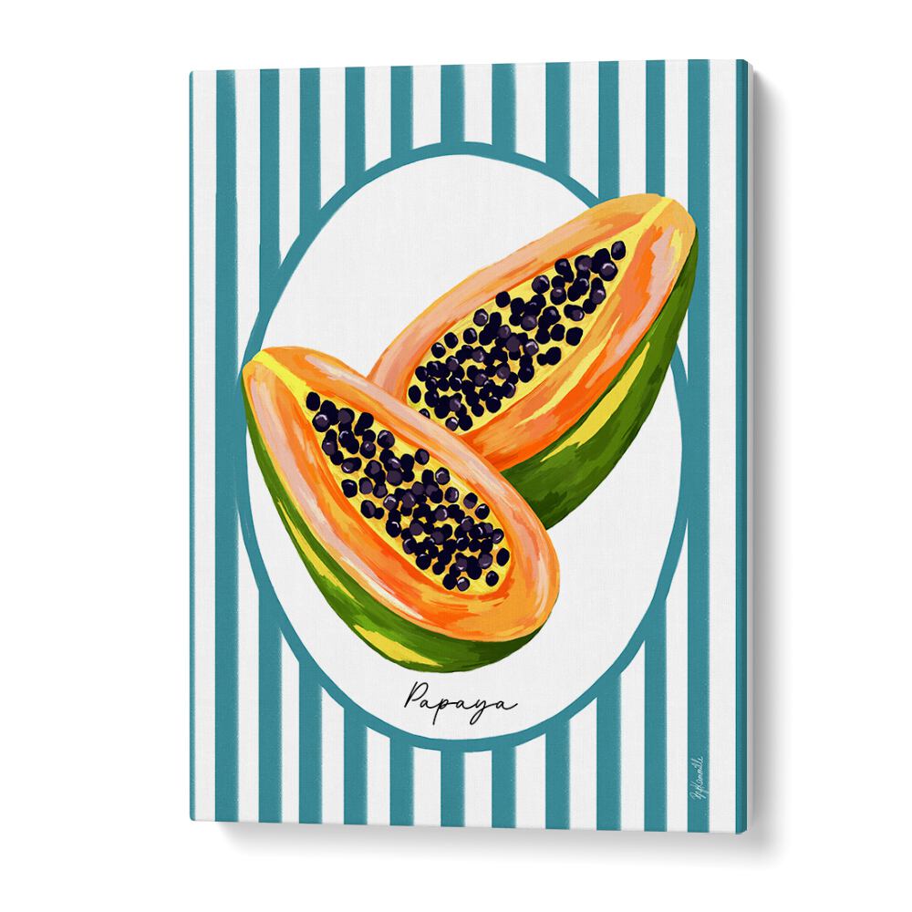 Vibrant PAPAYA ON STRIPES, KITCHEN POSTERS enhance your kitchen with tropical flair and modern design. Perfect decor!