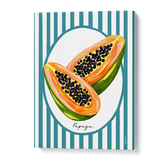 Vibrant PAPAYA ON STRIPES, KITCHEN POSTERS enhance your kitchen with tropical flair and modern design. Perfect decor!