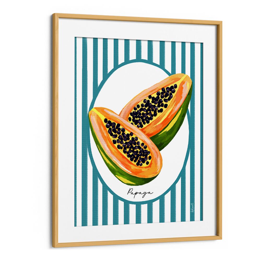 Vibrant PAPAYA ON STRIPES, KITCHEN POSTERS in an oak frame, perfect for adding tropical flair to your kitchen decor.