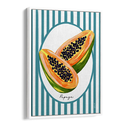 Vibrant PAPAYA ON STRIPES, KITCHEN POSTERS elevate kitchen decor with a striking tropical design. Perfect for modern spaces.