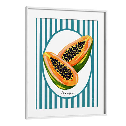 Vibrant PAPAYA ON STRIPES, KITCHEN POSTERS, framed art adding tropical flair to your kitchen decor.