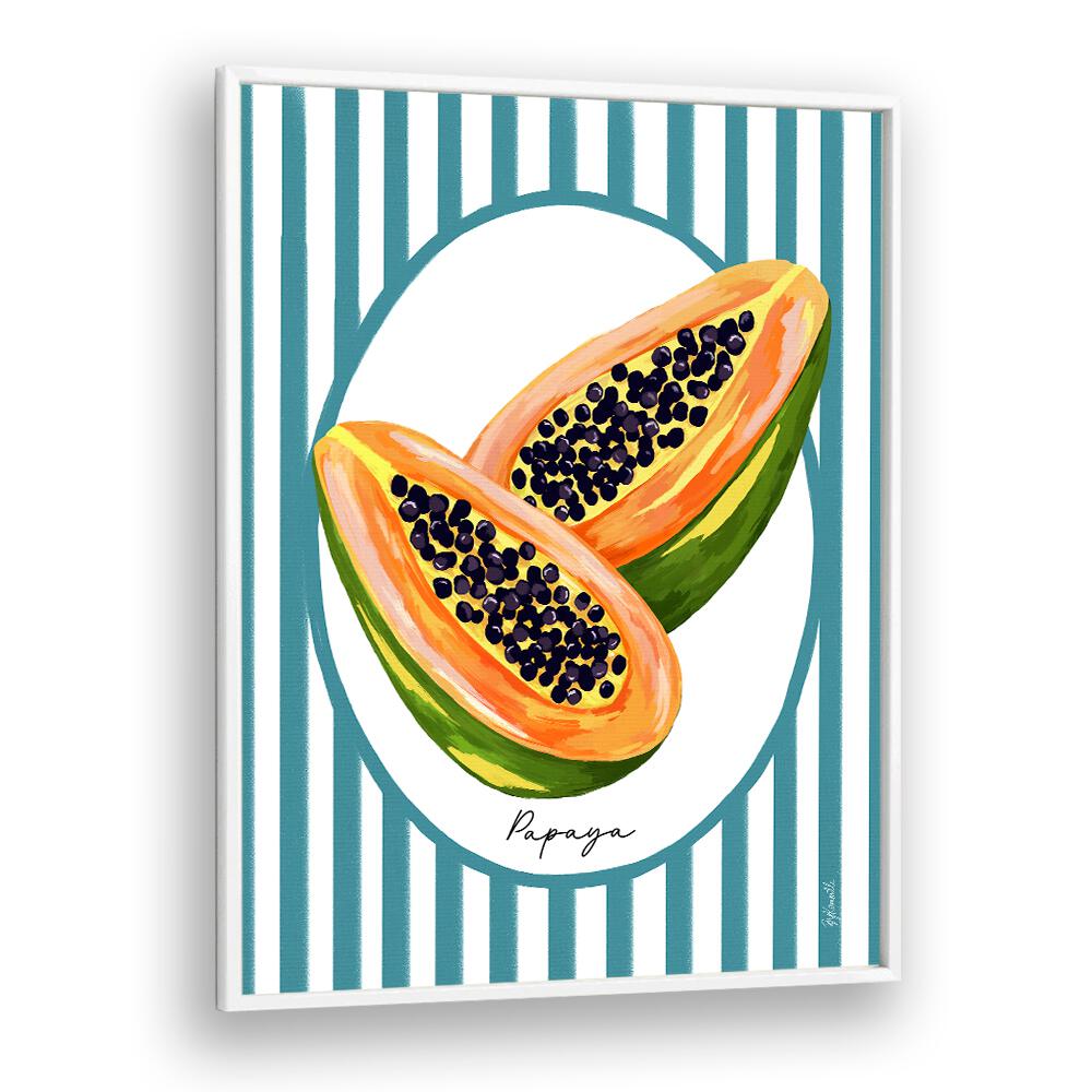 Bright papaya art on stripes, perfect for elevating kitchen decor with PAPAYA ON STRIPES, KITCHEN POSTERS.