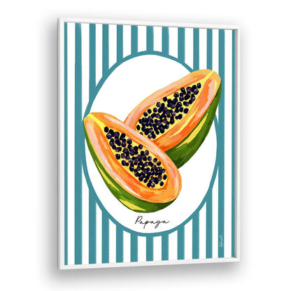 Bright papaya art on stripes, perfect for elevating kitchen decor with PAPAYA ON STRIPES, KITCHEN POSTERS.