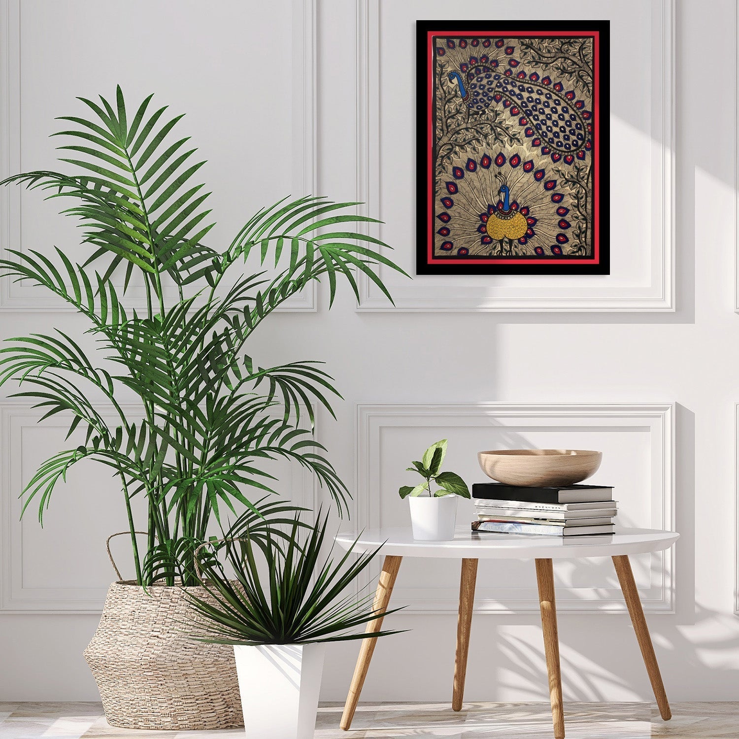 Beautiful Peacock Madhubani Painting, Framed Art