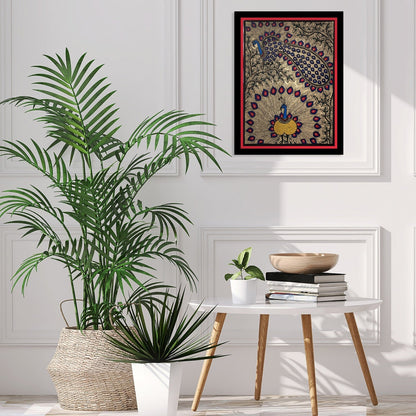 Beautiful Peacock Madhubani Painting, Framed Art