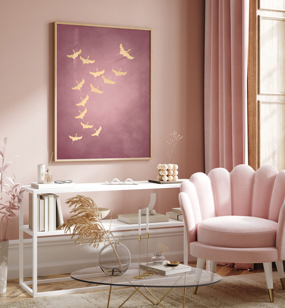 PINK FLYING CRANES  , ANIMAL PAINTINGS