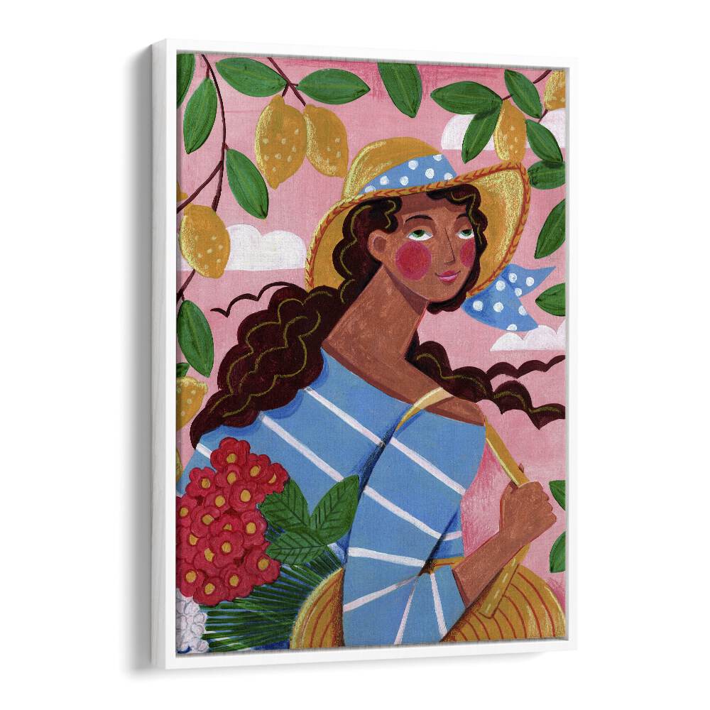 Vibrant WOMAN IN ITALY, PORTRAITS artwork depicting a charming figure amidst the Amalfi Coast's beauty.