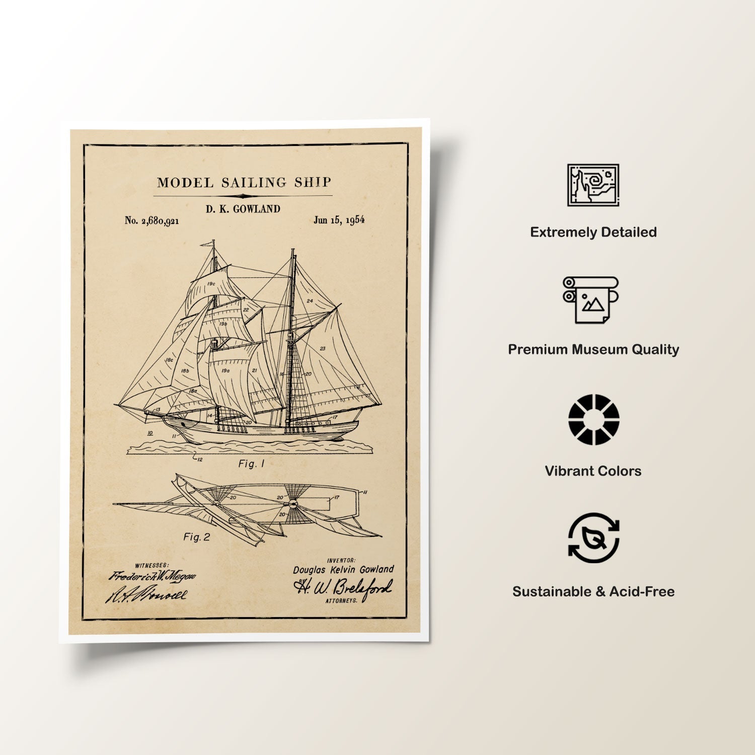 Sailing Ship Model, Blueprint Patent Art