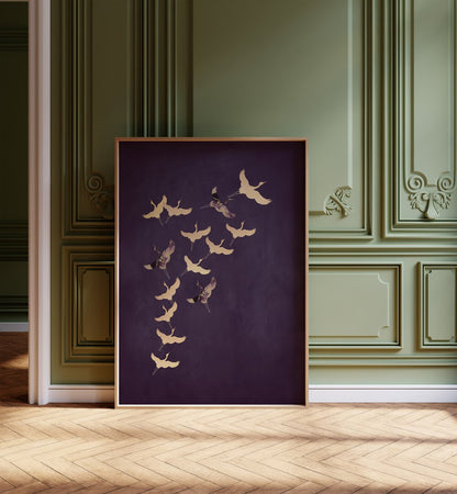 PURPLE FLYING CRANES  , ANIMAL PAINTINGS