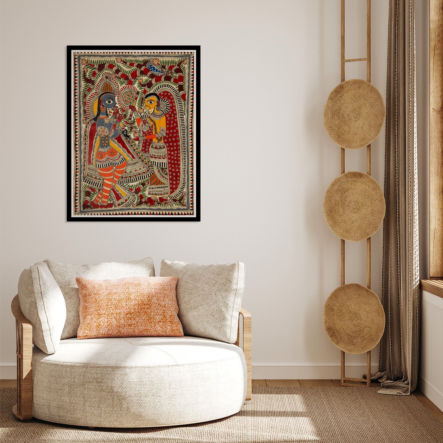 Beautiful Radha Krishna Madhubani Painting, Framed Art