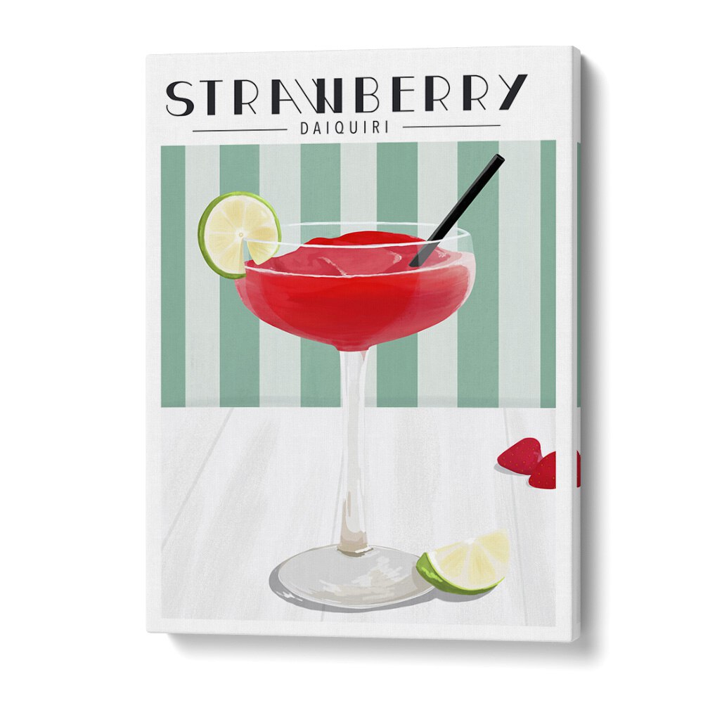 Bright and colorful STRAWBERRY DAIQUIRI, BAR art print perfect for café decor, showcasing a refreshing cocktail design.