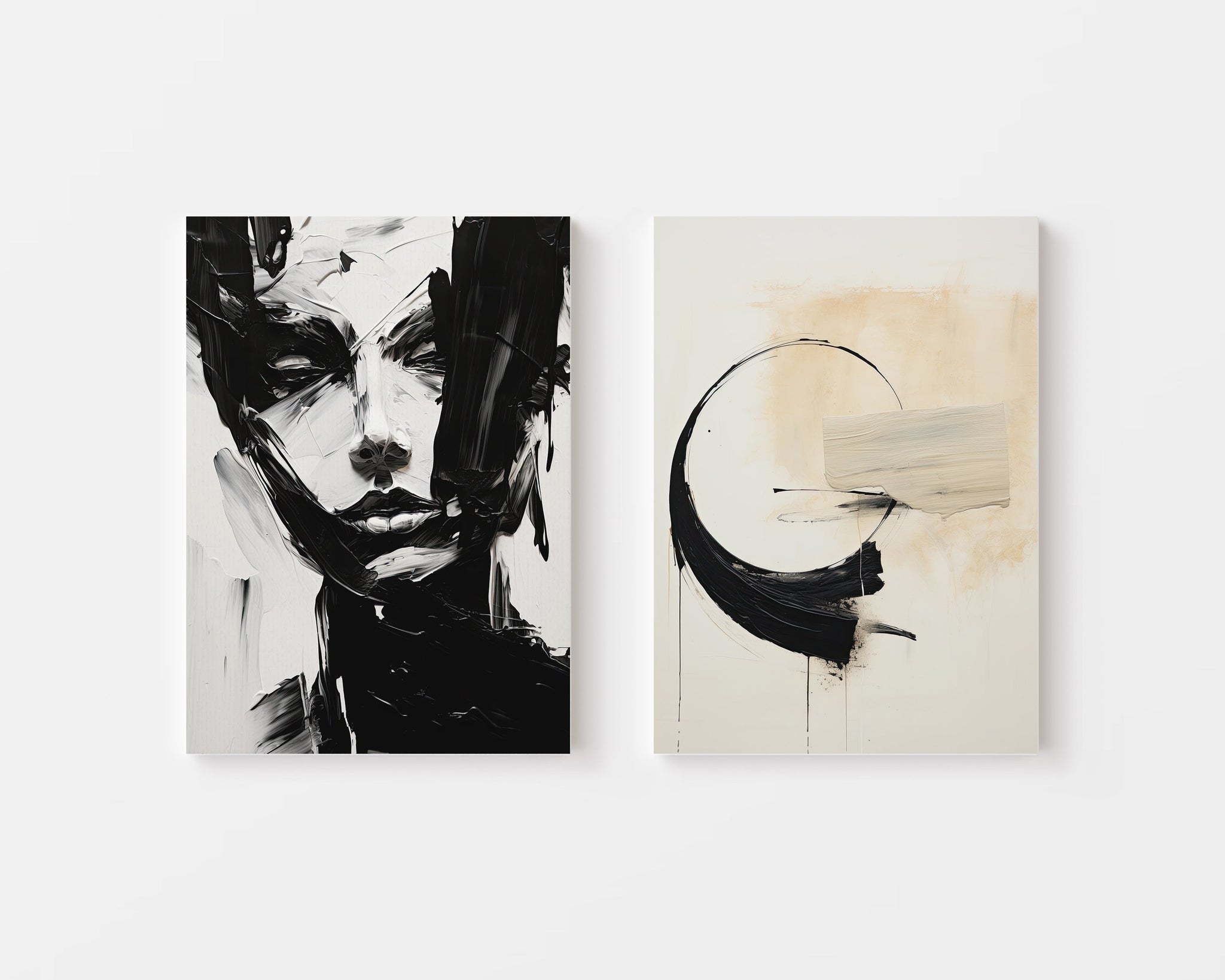 Bold Black and White Abstract Portrait & Brush Art – Wall Art Set of 2