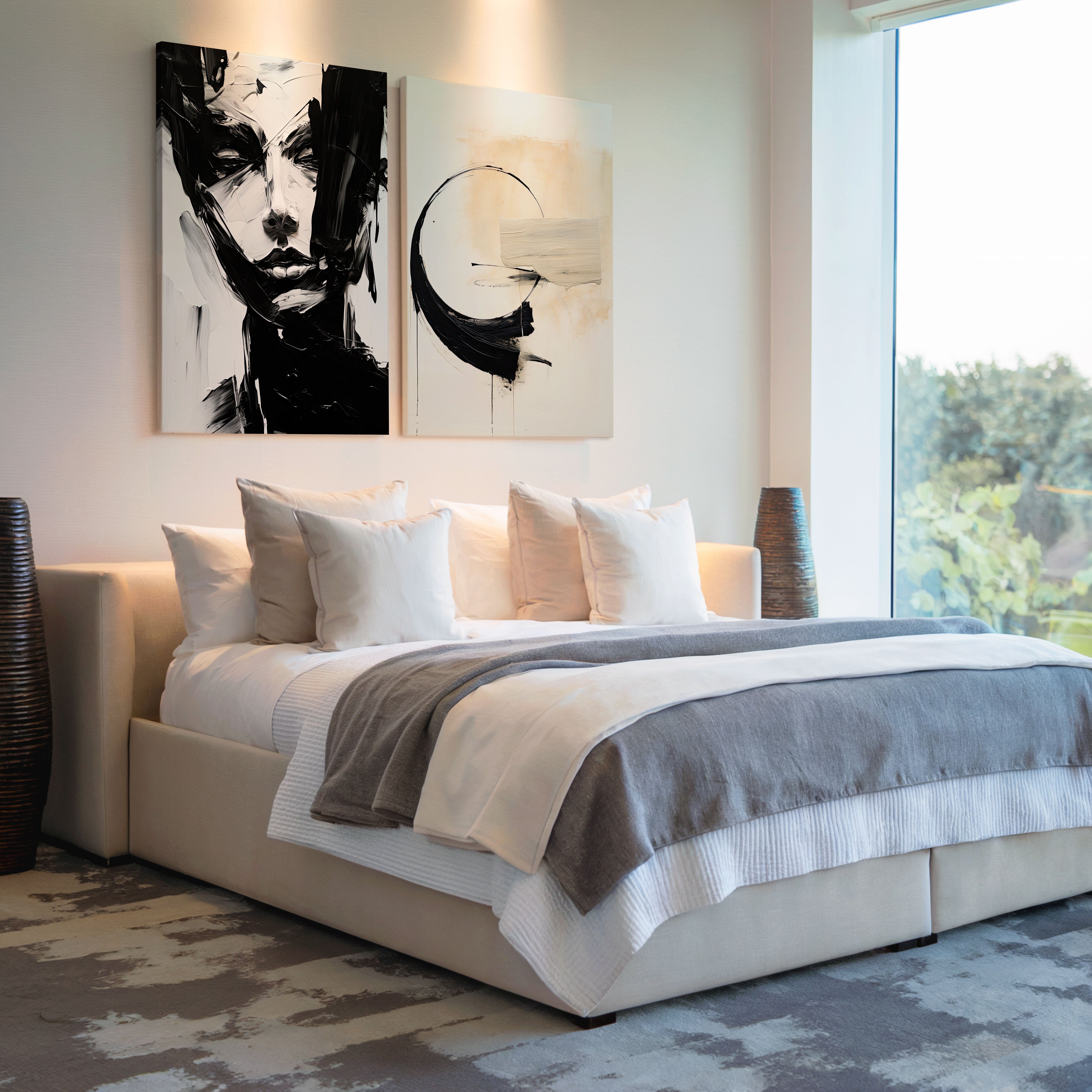 Bold Black and White Abstract Portrait & Brush Art – Wall Art Set of 2