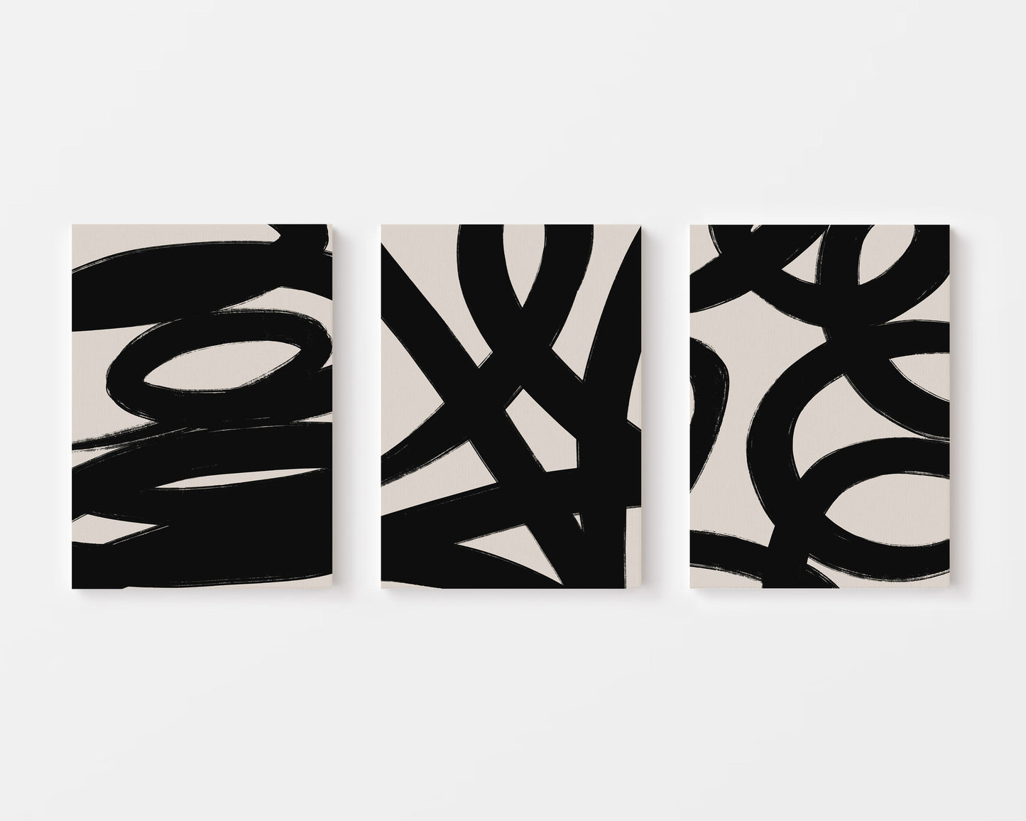 Bold Ink Loops Trio – Set of 3 Abstract Black Brushstroke Wall Art Prints