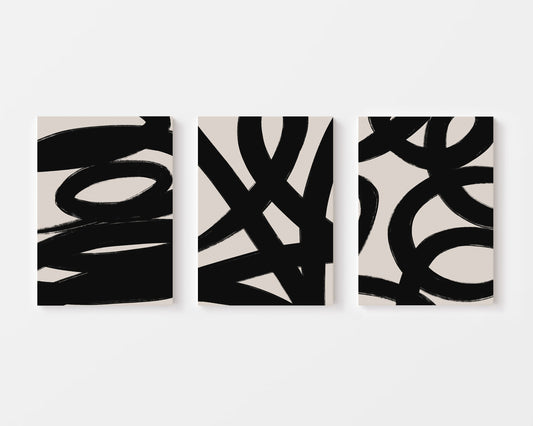 Bold Ink Loops Trio – Set of 3 Abstract Black Brushstroke Wall Art Prints