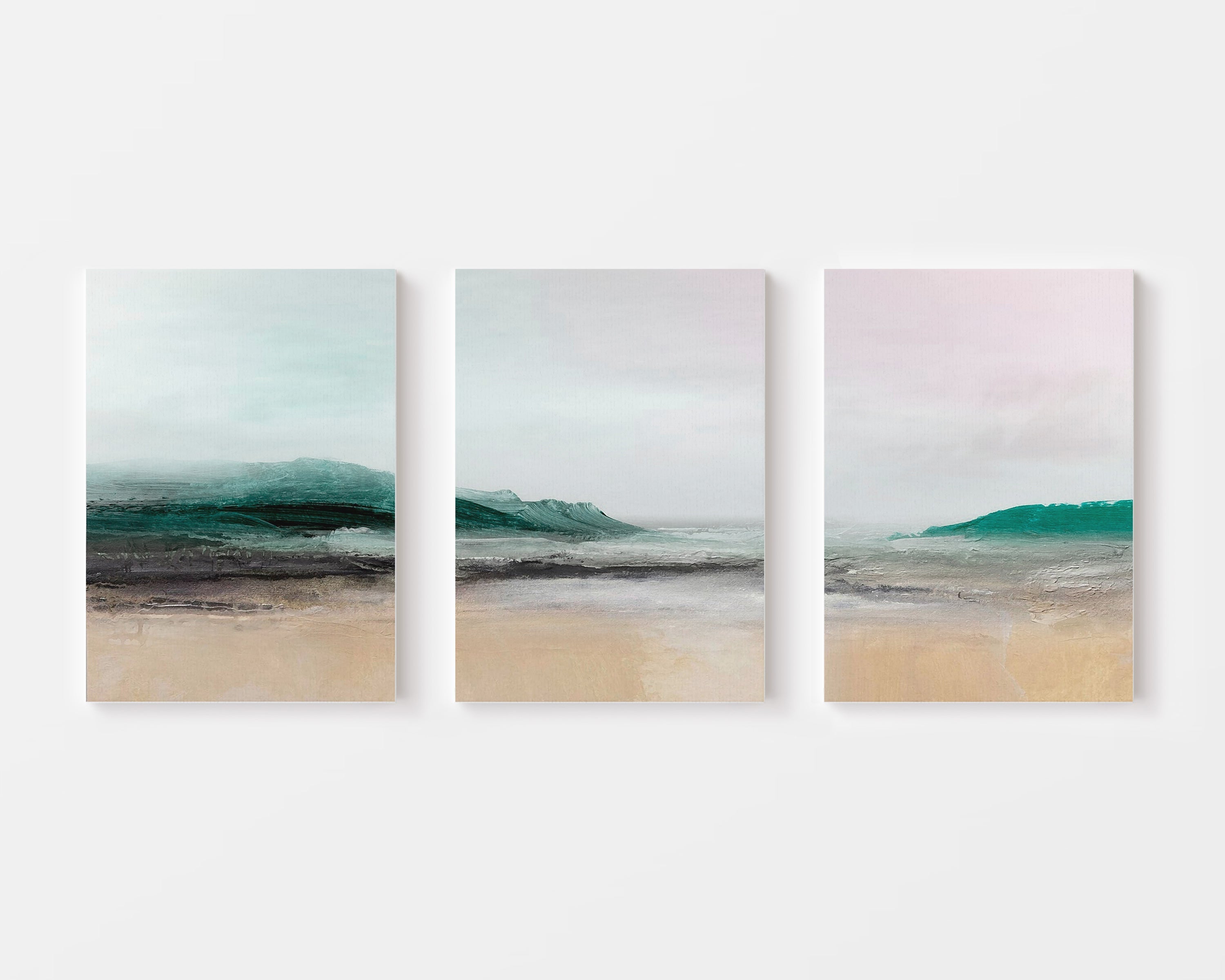 AquaVista – Teal & Beige Coastal Landscape Abstract Trio - Wall Art Set of 3