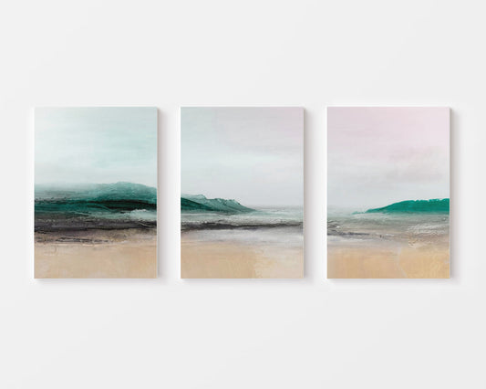 AquaVista – Teal & Beige Coastal Landscape Abstract Trio - Wall Art Set of 3