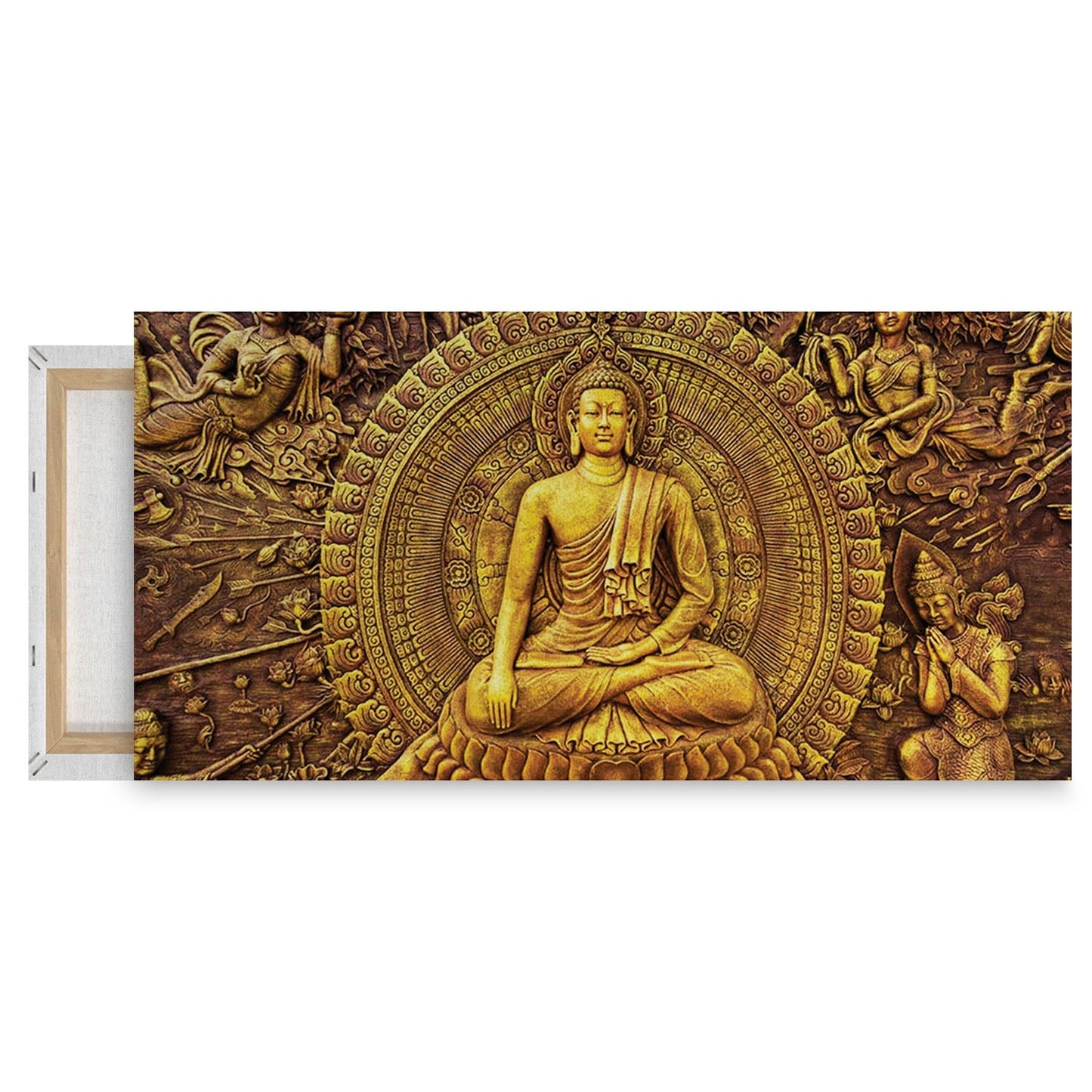 Golden Buddha Surrounded by Intricate Carvings of Celestial Beings