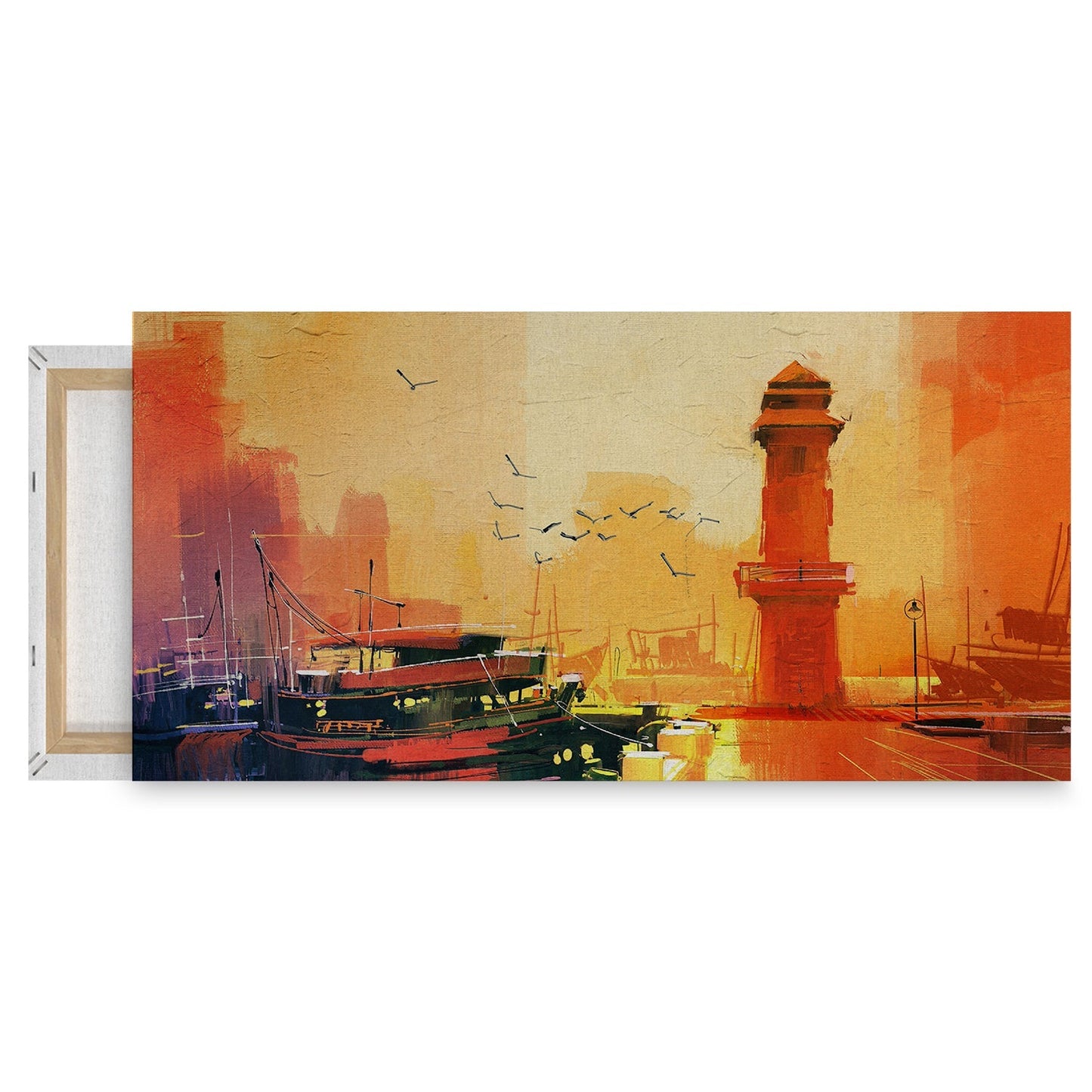 Lighthouse fishing boat sunset oil painting style Canvas Wall Painting for Living Room, Bedroom, Office.