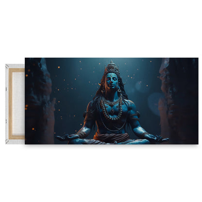 Blue lord Shiva sitting lotus position with word Shiva Canvas Wall Painting for Living Room, Bedroom, Office.