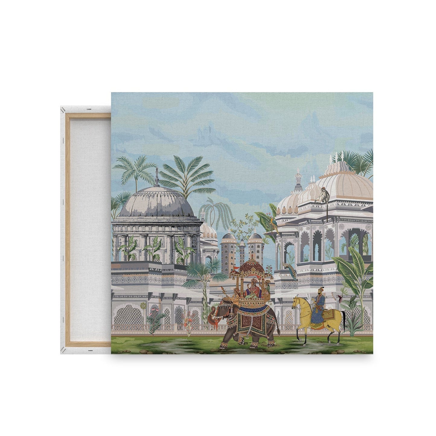 Royal Procession Amidst Majestic Palaces and Verdant Palm Trees