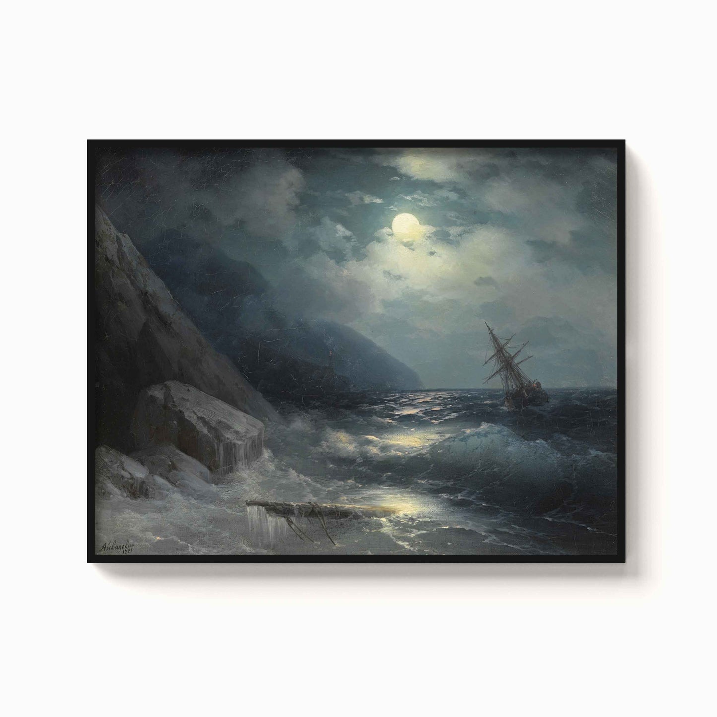 Aivazovsky – Moonlit landscape with a ship, 1881