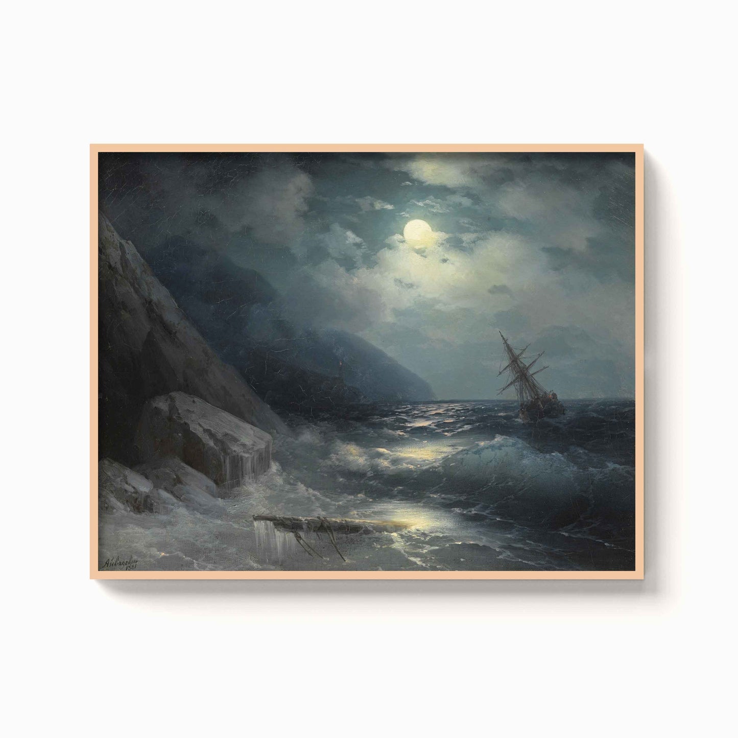 Aivazovsky – Moonlit landscape with a ship, 1881