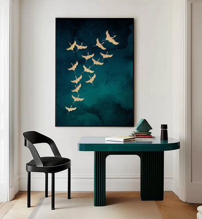 TEAL FLYING CRANES  , ANIMAL PAINTINGS