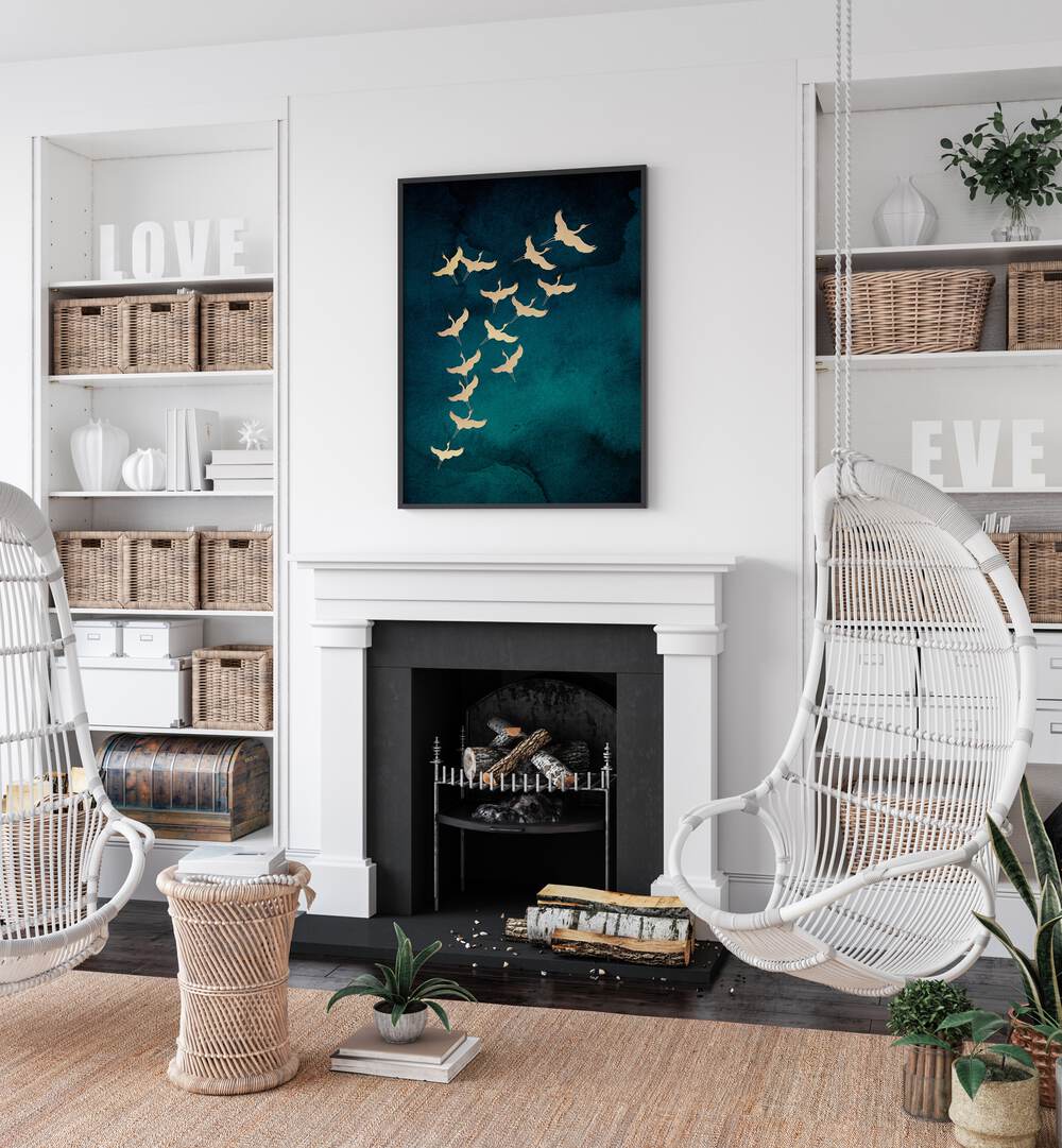 TEAL FLYING CRANES  , ANIMAL PAINTINGS