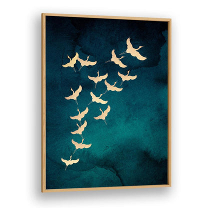 Teal Flying Cranes By Aureous Wildlife Art Prints in Oak Wood Plain Frame