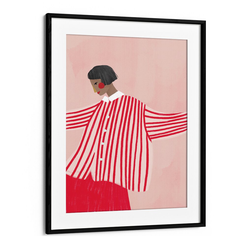 Elegant artwork titled THE WOMAN IN STRIPES, PORTRAITS showcases feminine strength through Bea Muller's captivating illustration.