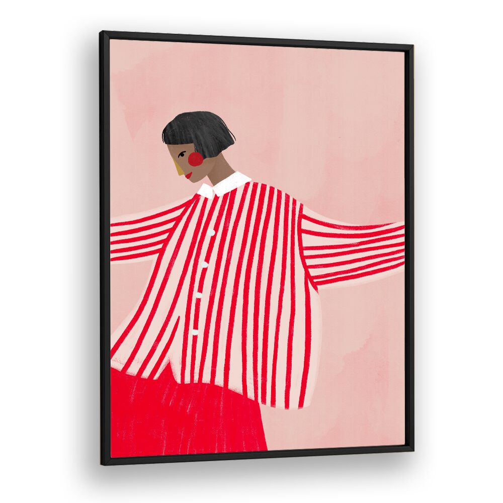Captivating artwork titled THE WOMAN IN STRIPES, PORTRAITS showcases feminine strength in vibrant red and white stripes.