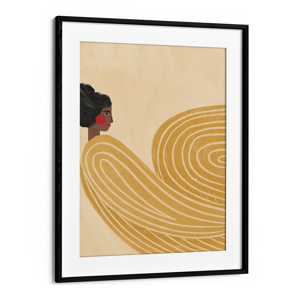 Stylish WOMAN WITH YELLOW STRIPES, PORTRAITS illustration by Bea Muller, showcasing vibrant femininity and artistic flair.