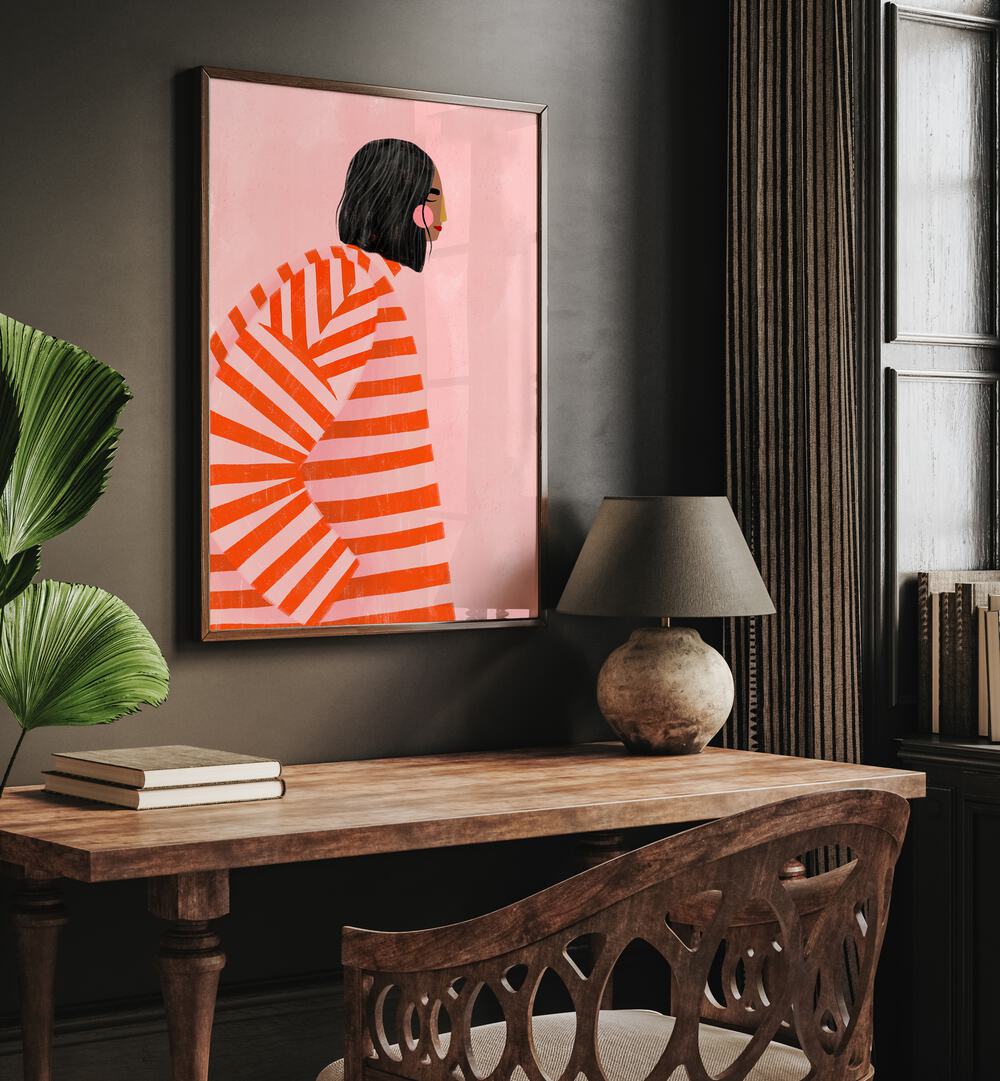 WOMAN WITH ORANGE STRIPES , PORTRAITS & FIGURATIVE ILLUSTRATIONS