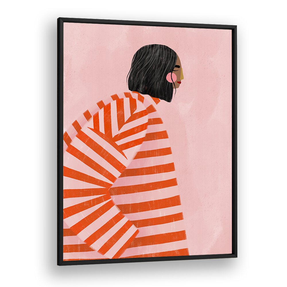 Stylish WOMAN WITH ORANGE STRIPES, PORTRAITS artwork by Bea Muller captures modern femininity in vibrant illustration.