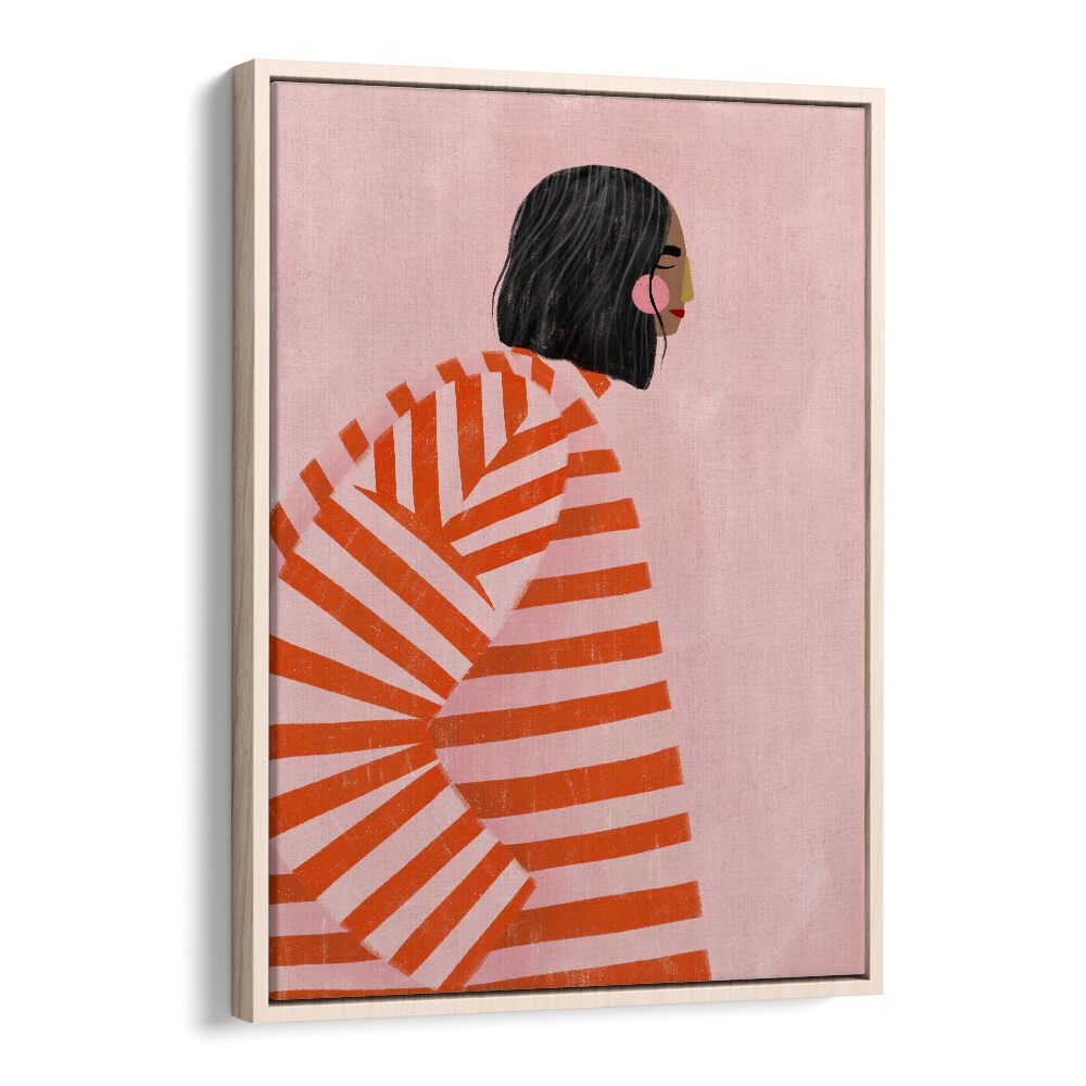 Stunning WOMAN WITH ORANGE STRIPES, PORTRAITS artwork by Bea Muller, showcasing modern femininity in vibrant colors.
