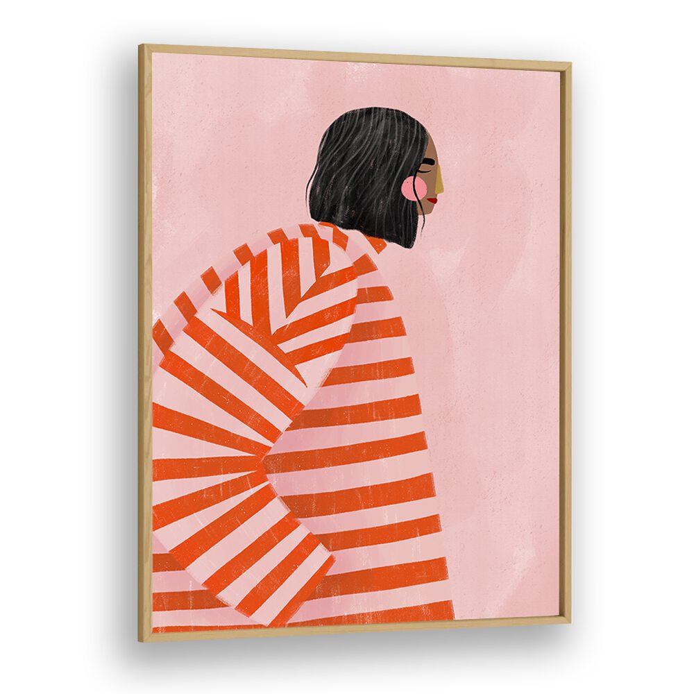 Stylish portrait of a woman in orange stripes, showcasing modern femininity by Bea Muller. Perfect for art lovers.