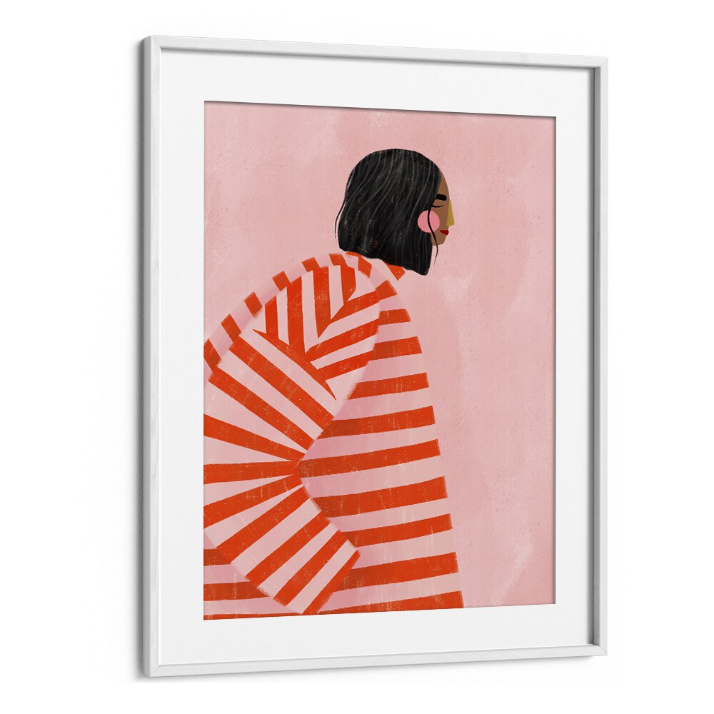 Stunning WOMAN WITH ORANGE STRIPES, PORTRAITS by Bea Muller, showcasing modern femininity in vibrant illustration.