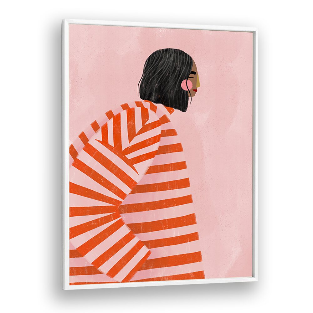 Stunning WOMAN WITH ORANGE STRIPES, PORTRAITS artwork by Bea Muller, showcasing modern femininity in vibrant colors.