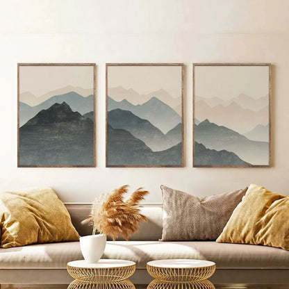 Abstract Mountain Print Set of 3, Minimal Blue Mountain Wall Frame