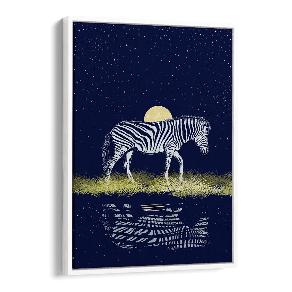 Stunning MOONRISING OVER ZEBRA, ANIMAL PAINTINGS showcases a zebra under a full moon, reflecting nature's beauty.