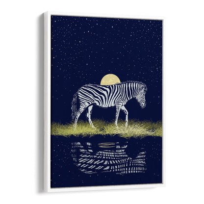 Stunning MOONRISING OVER ZEBRA, ANIMAL PAINTINGS showcases a zebra under a full moon, reflecting nature's beauty.