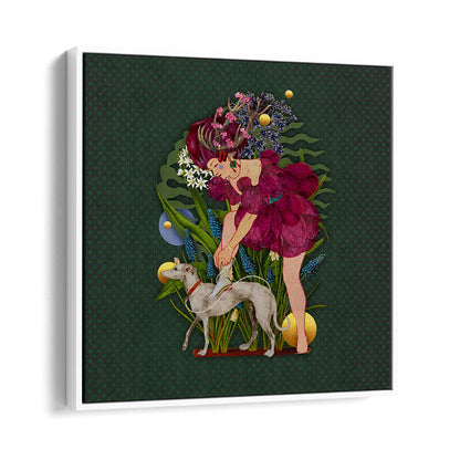 Captivating artwork from the ENCHANTED FOREST IX, PORTRAITS collection, featuring a whimsical figure and dog in lush greenery.