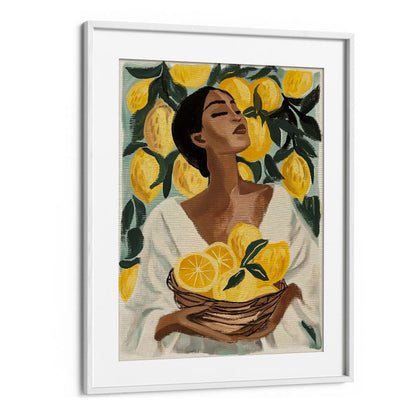 Radiant LEMON TREE , PORTRAITS art print featuring a woman with a basket of lemons, adding Mediterranean charm to your space.