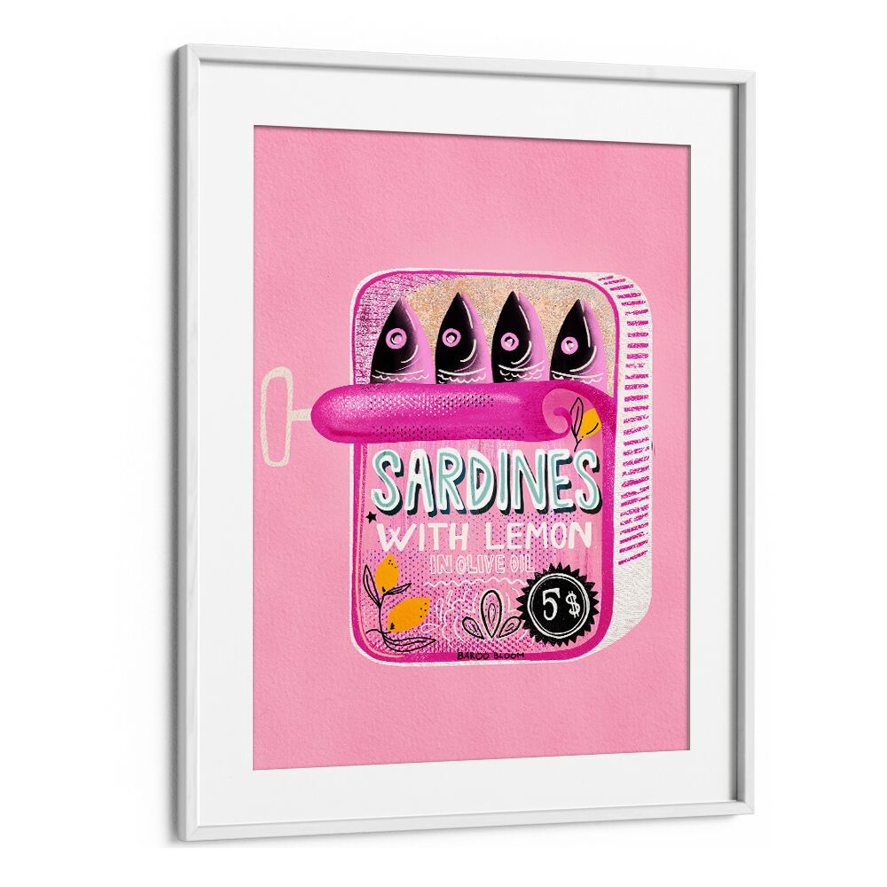 Brighten your kitchen with the SARDINES TIN CAN PINK, KITCHEN POSTERS by Baroo Bloom—perfect for any decor.