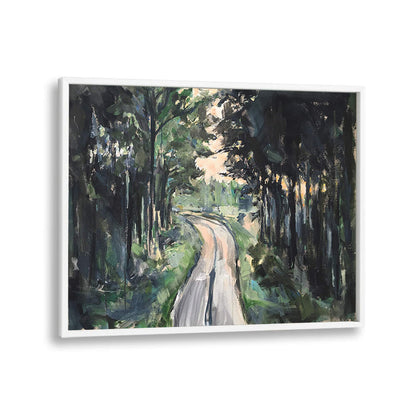 Serene forest pathway captured in stunning landscape paintings, perfect for nature lovers seeking tranquility.